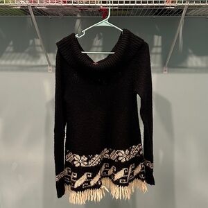 Free People Black and Cream Patterned Cowl Neck Sweater